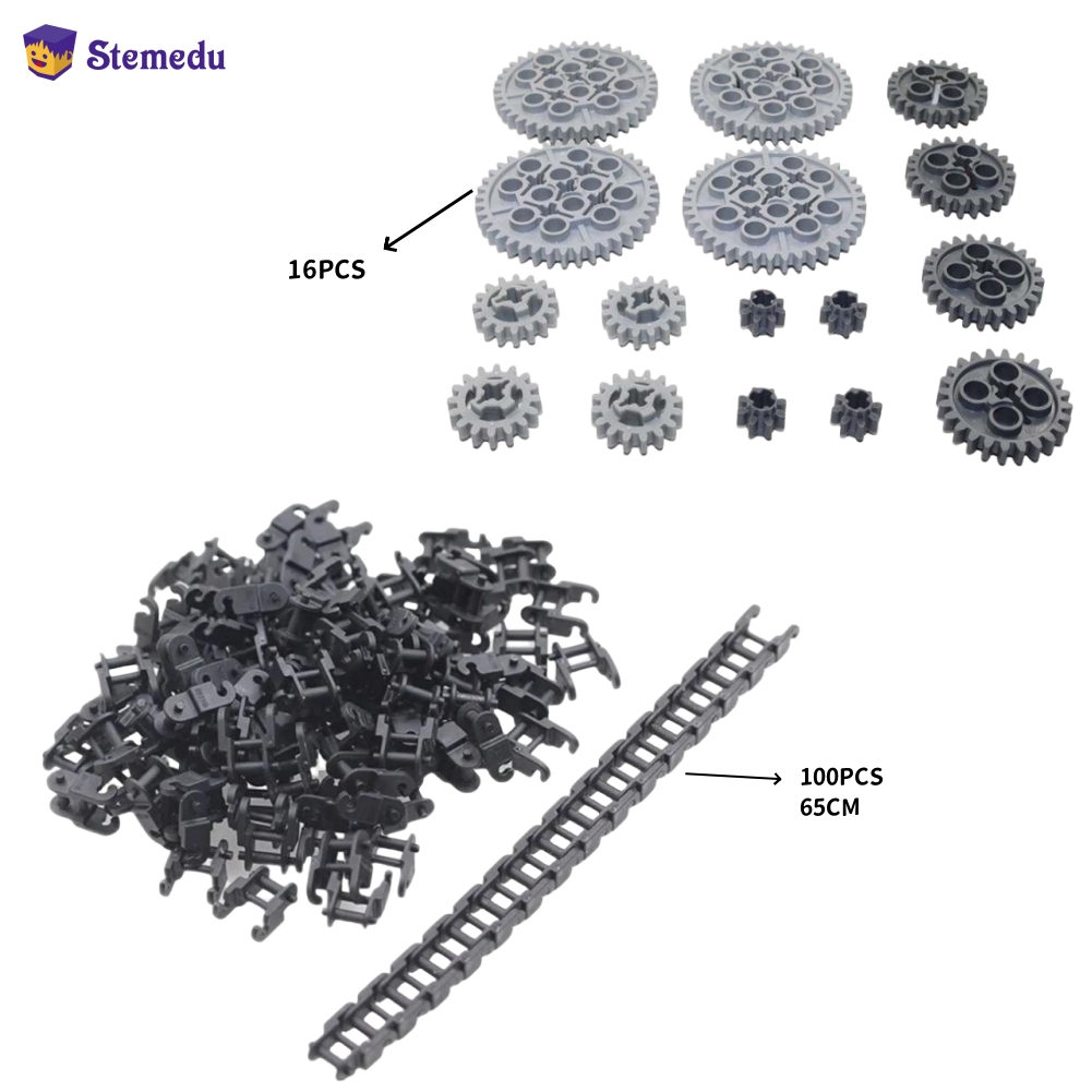Toy Train Track Set - 16ชิ้นเกียร์บล็อกตัวต่อฟันเฟืองล้อรถไฟลิงค์ลิงค์โซ่อิฐชุดเกียร์ชิ้นส่วนทางเทคนิค3711 14696 10928 51416 3649 3648