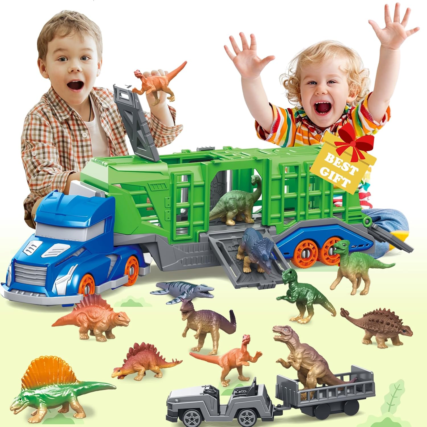 Kids Toys 3 Year Old - ชุดของเล่นรถขนส่งสัตว์ไดโนเสาร์ประกอบด้วยรถขนส่ง 1 คัน, ไดโนเสาร์หรือสัตว์ 12 ตัว,