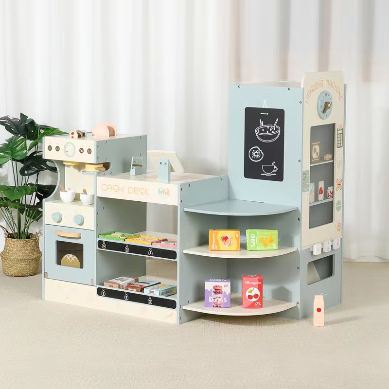 Kids Toys Stores - ชุดของเล่นร้านขายของชำไม้สำหรับเด็ก ชุดของเล่นร้านค้าไม้ ซูเปอร์มาร์เก็ตไม้ พร้อมเครื่องคิดเงินสดและเครื่องขายกาแฟ